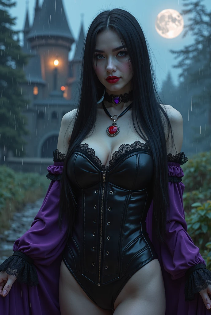 Araffe dressed as a sexy "snow white" with a red bow, beautiful vampire queen, realistic cosplay, Marceline from Adventure Time, anime girl cosplay, 4K HD, beautiful vampire queen, snow white as a d &d fighter, snow white, anime cosplay, cosplay, vampire Carmilla, with long dark hair, in the dark woods, spooky atmosphere, shadows, wolves behind, dark theme, mist, torn clothes, large breasts, full body, photo from below
