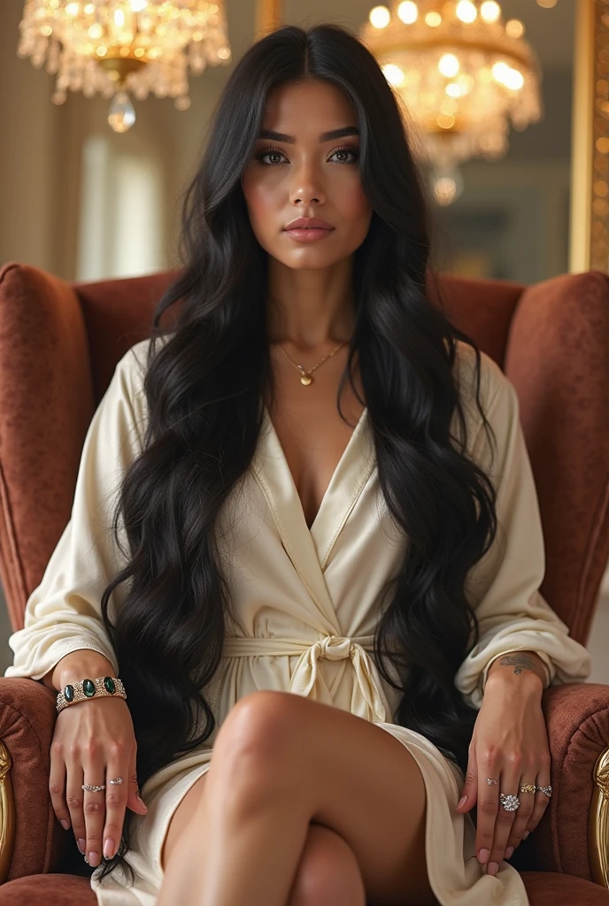 Woman, long curly black hair, sitting on a sofa, with a glass of soft drink, looking at the camera, photorealistic