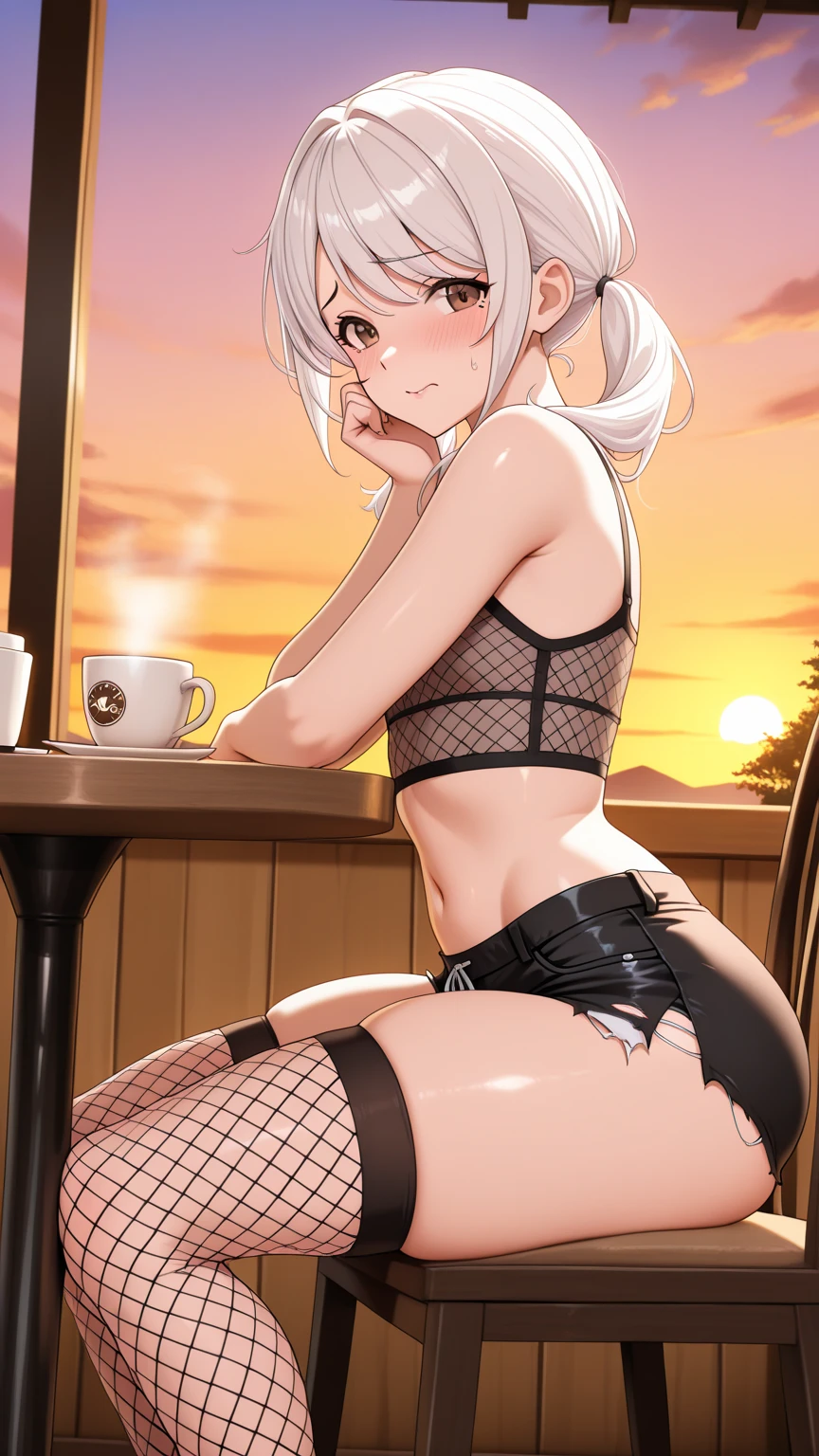 (masterpiece, Highest quality), (Ultra-high resolution, 8k RAW photos, Photorealistic:1.5, Fabric Shading, Thin contours), Beautiful mature woman preparing a tea party in the garden, (Tea set, you can, Tea cup, Some cakes on a plate), Gothic Table, (伝統的なダークブラウンのMaid clothesを着用, Maid clothes:1.2, Long Flared Skirt, apron), tall and leggy, Long white hair, Wearing borderless grass, (Mature Woman:1.5, 28 years old, alone), ( Tight waist), (Long white hair, Hair on one eye, Updo, Side Lock, Asymmetrical Hair, Wavy Hair), (Bright Eyes, Fine grain, A face with attention to detail, perfect face shape, Bloodshot eyes), (A seductive smile, Half-close your eyes), (Looking at the audience:1.3), (Dynamic Angle, Thigh focus, From side to bottom:1.2), ((Correct Anatomy:1.5, The right move)), (Ideal body proportions), Outdoor, Glass Garden, ((Garter Stockings))((black thong))