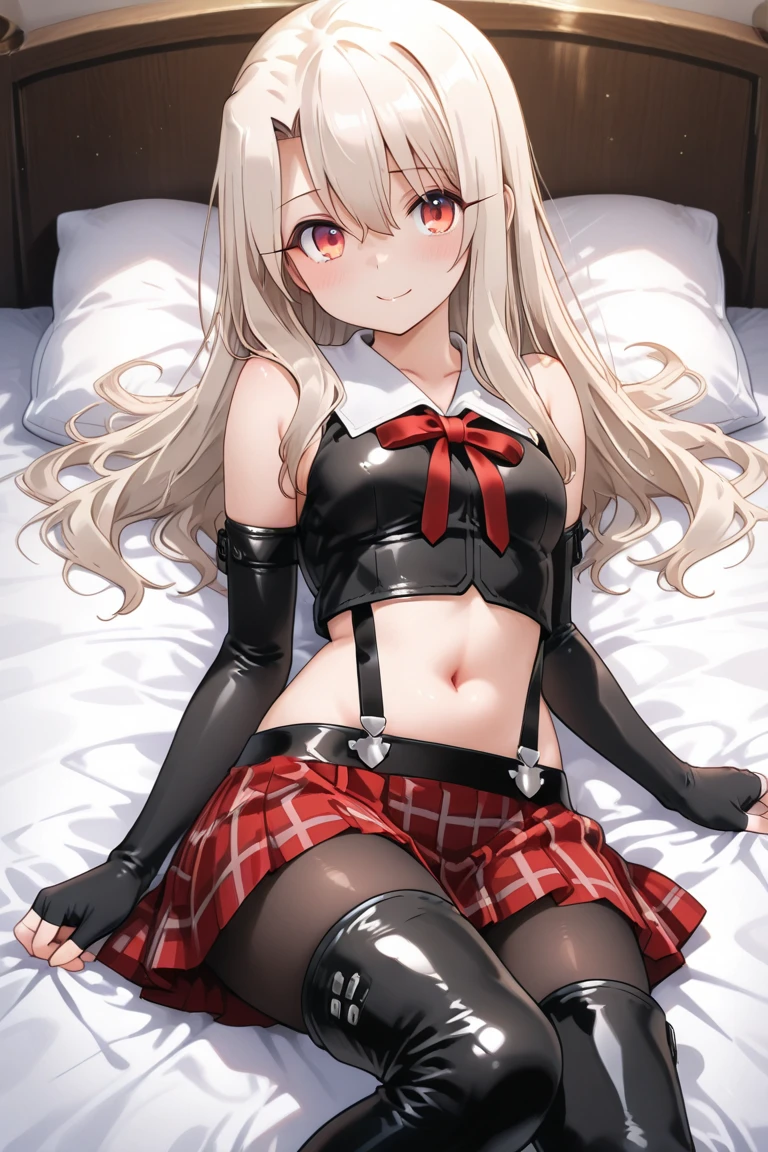 (masterpiece, extremely detailed, best quality, ultra-detailed, illustration1.2), girl, shy, faint smile, blonde hair, short hair, (two very long ponytails), red eyes, hair between eyes, bangs, just one butterfly ornament, medium breasts, white shirt, punkish, punkish skirt, knee socks, thighs, red necktie, looking at viewer, lie down, spread legs, arms up, wetting panties