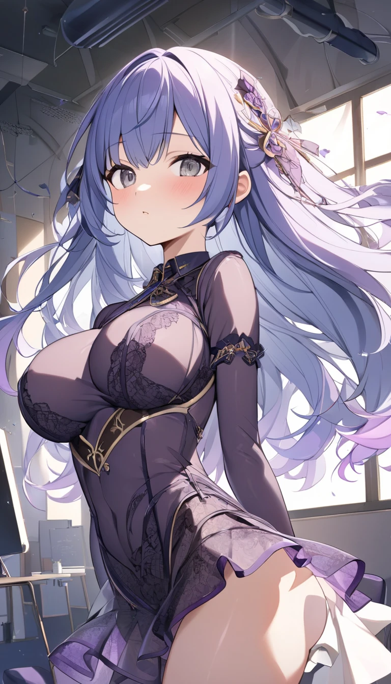 keqing_genshin, 1girl, double bun, long purple hair, purple eyes, strapless dress, bare shoulders, bare arms, black pantyhose, standing, upper body, outdoors, big breast, cleavage, nervous, blush, hands on crotch, wet body