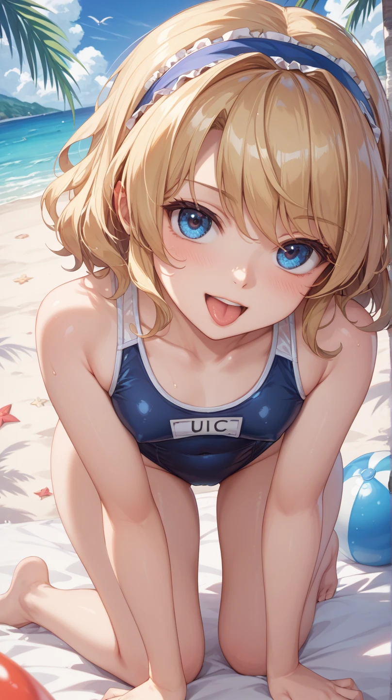 1girl, One-piece swimsuit with American Flag pattern,
(thick eyebrows), tareme, big tits,
blonde hair, short twin tails, happy, tegaki,
in shallow pool