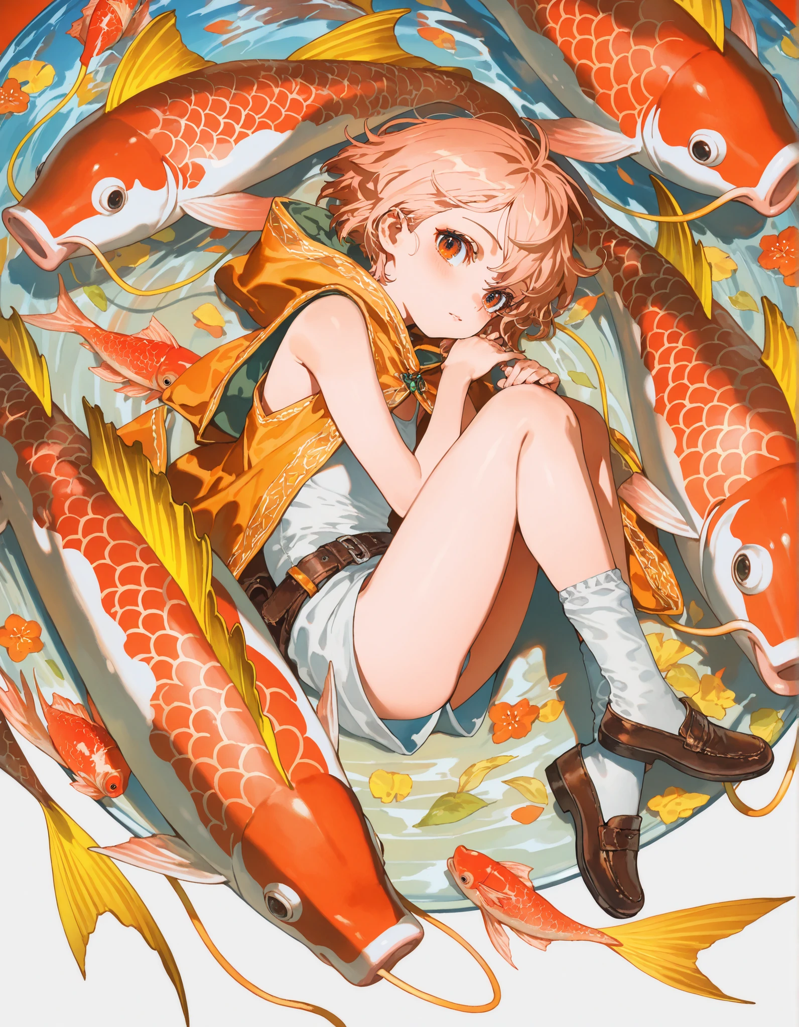 (white background), golden fish, koi, flowers, bottle, cute style, kawaii, (no humans), animal,
(masterpiece:1.2), (best quality, highest quality), (ultra detailed),