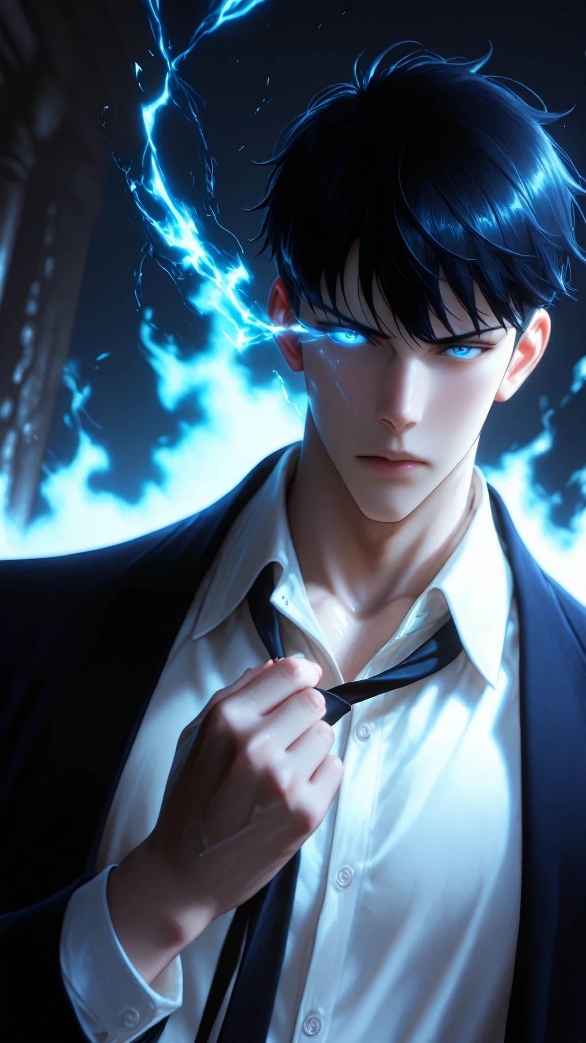 Hype4realistic, 1boy, solo, sung jinwoo (solo leveling), short tousled korean hair, blue eyes, glowing left eye with black energy trail directly from the eye, relaxed cut blazer, unbuttoned white shirt, plain black necktie without any design, removing his necktie with his right hand(1.5), close-up 120degrees dutch camera angle, front view, intense look, cool walking depiction of him as if going in a battle, in a plain white background, dark background, blurry background, color black wavy aura around his body