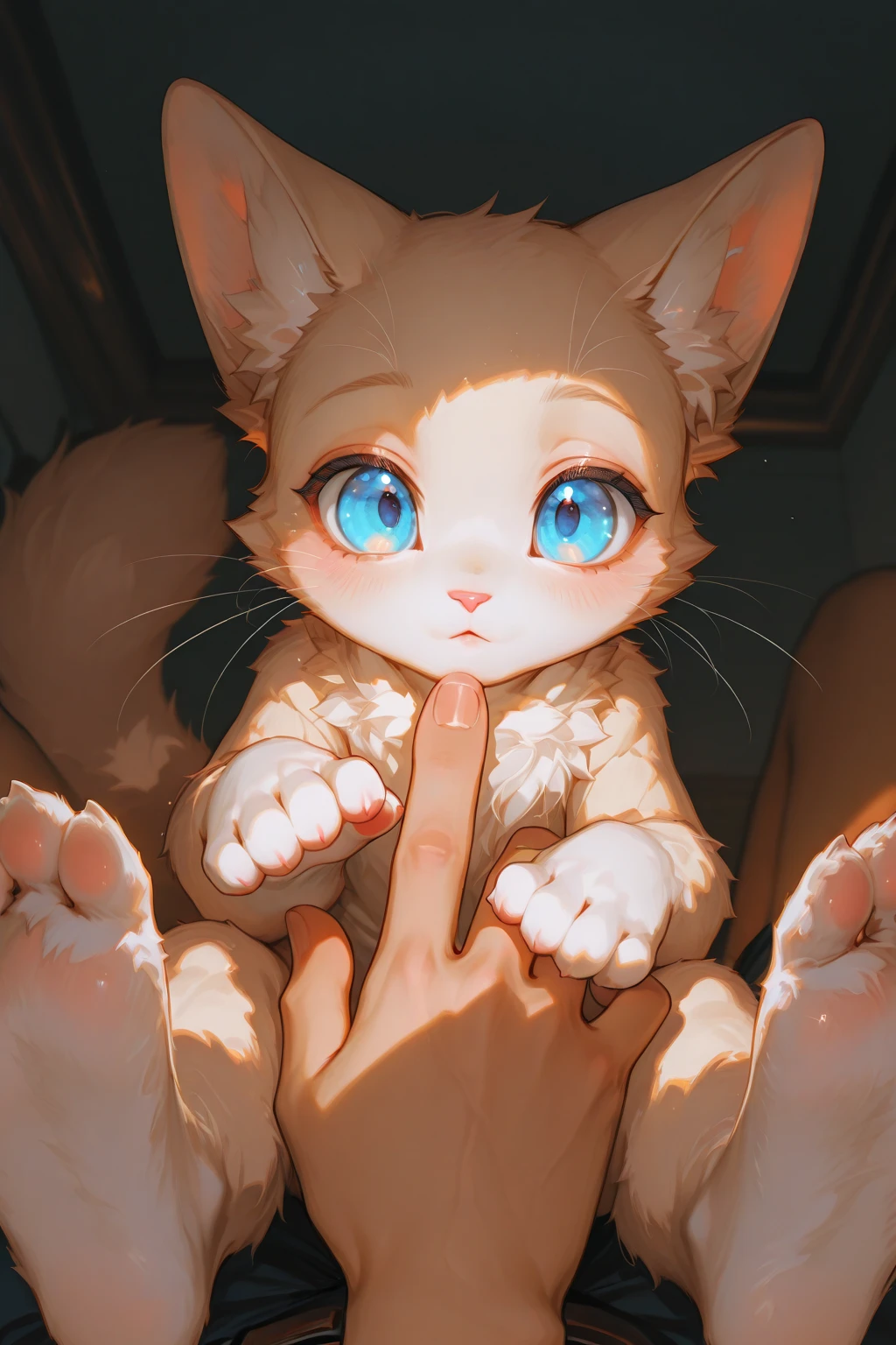 score_9,score_8_up,score_7_up, source_furry, (Kat, Anthro furry feline girl, adult female, silver fur, grey stripes, tail), , , , she is straddling human male, she is resting her feet on his thighs, four toes, pink paw pads, and foot focus, close up, in her , on a bed, simple brown background , rear view