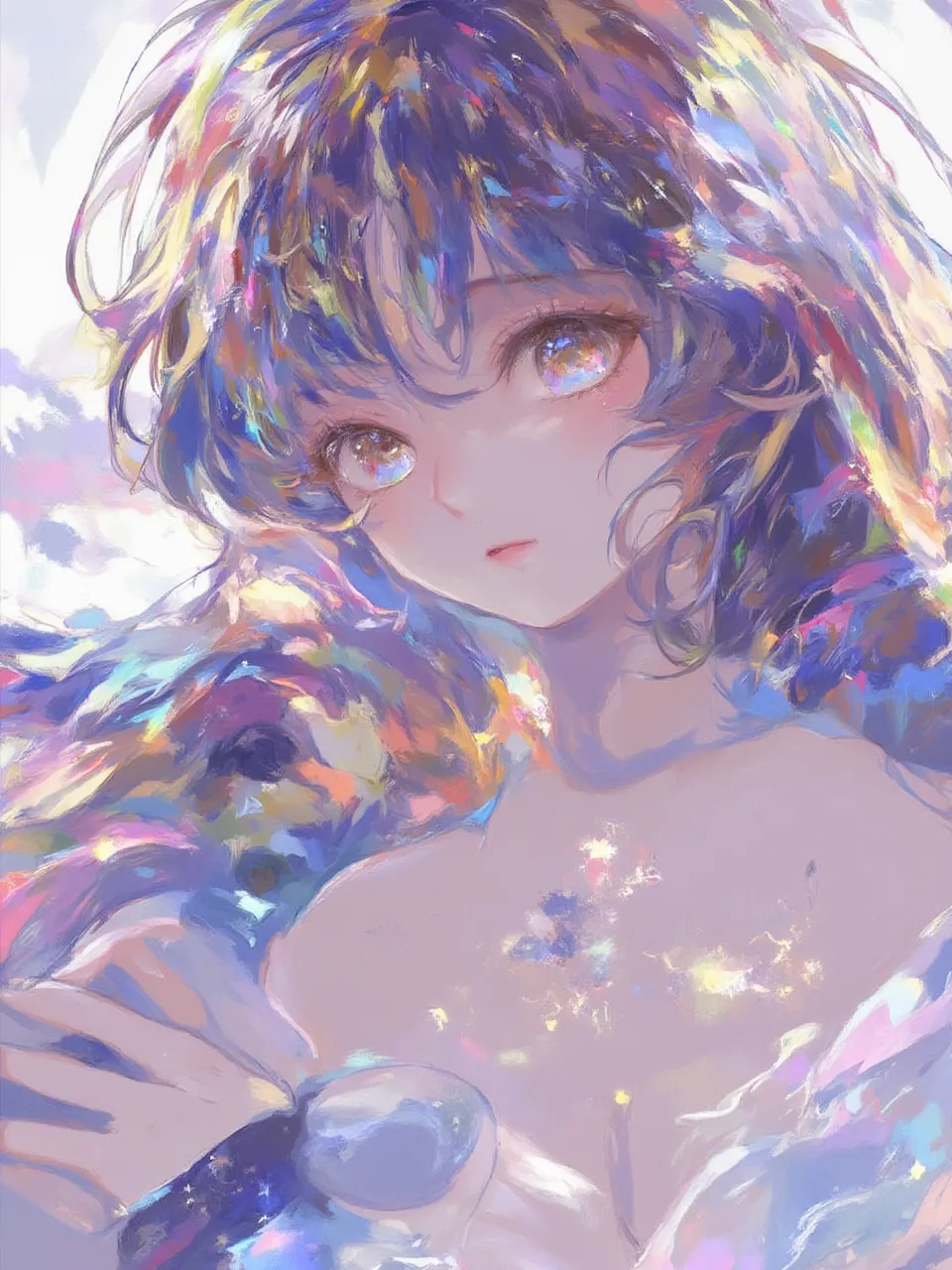 Drawing nipples、topless、Completely naked、Detailed face、Upper body close-up、Beautiful Hair、Fantastic space、Hubbs、Sparkling、Light、No background、universe、Rainbow、Beautiful Eyes、Adult women、Cool face、Straight face、Draw the chest、Small breasts
