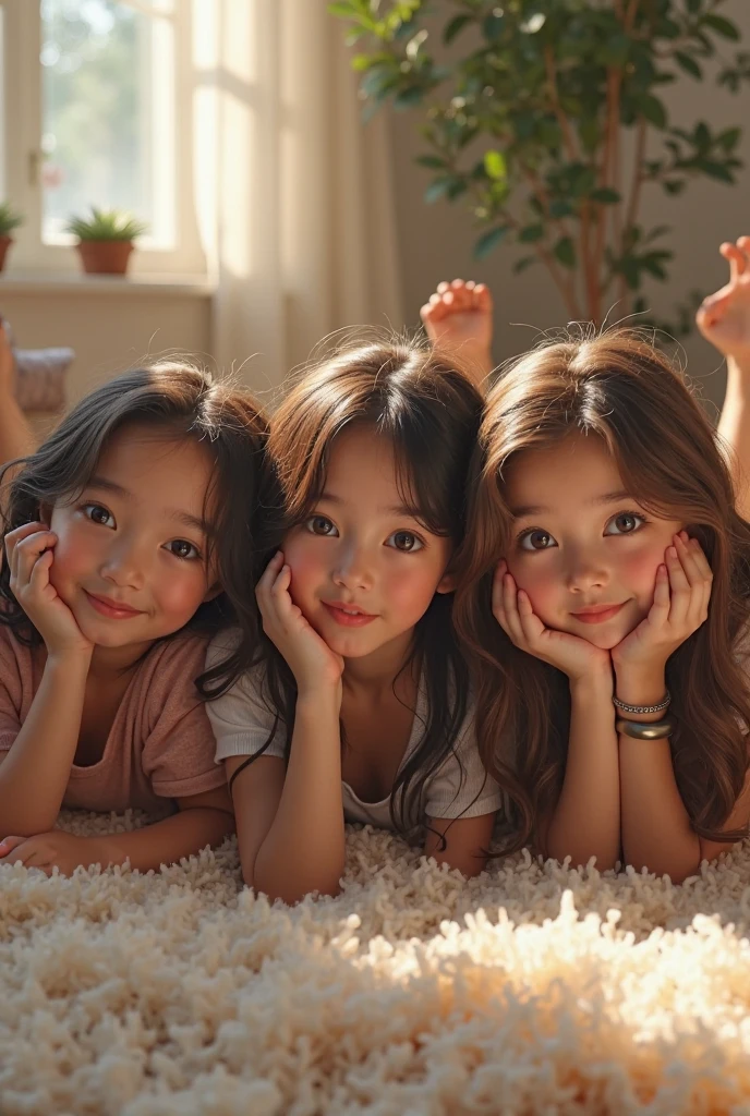 Photorealistic, Three younger teens, wearing short skirts, very big smiles, kneeling on hardwood floor in a bedroom at night, viewed from above