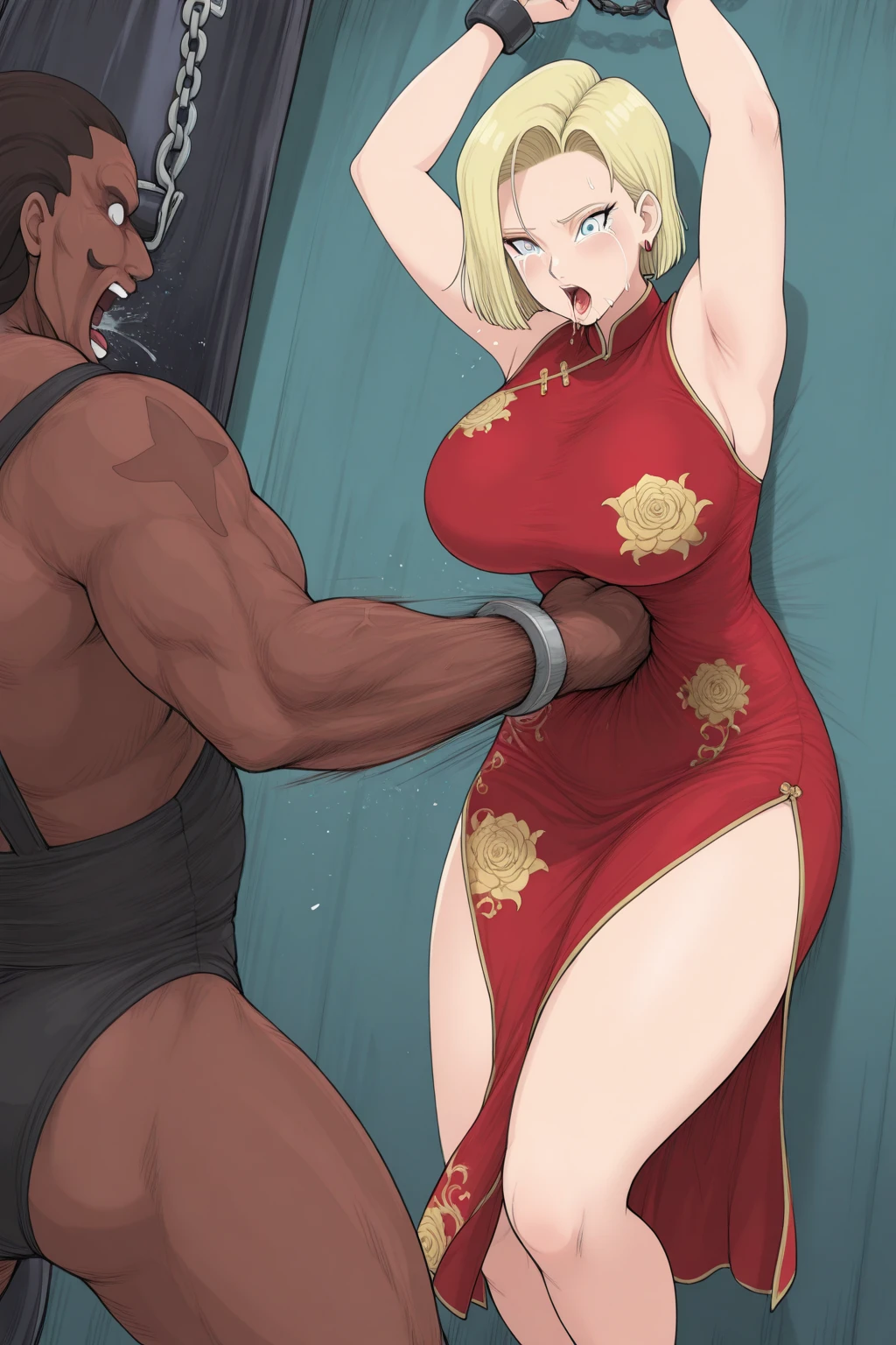 score_9, score_8_up, source_anime, solo, 1girl, dress, hellsing, lole, young, ((aged down)), ikuchan, blonde hair, blonde hair, oriental, Chinese dress, short dress, indoors, apathetic, bored, boob window, 1boy, ((light skinned male)), size difference, nude male, huge penis, ((maledom)), size difference, large male, huge penis, foreskin, standing side by side