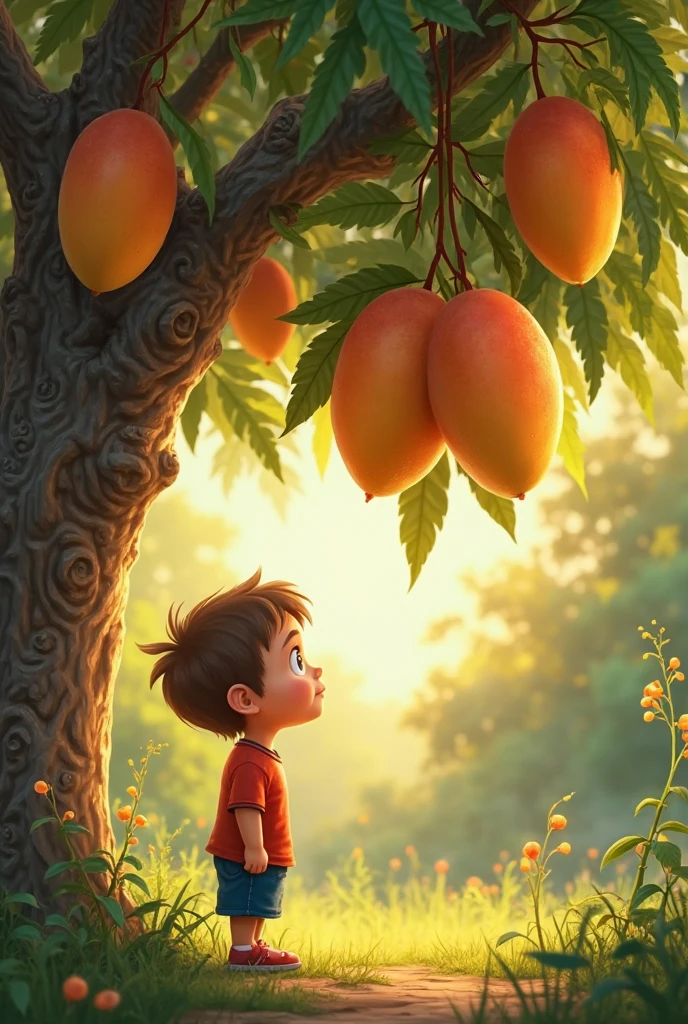 Draw me a picture , The chubby boy stood in front of a mango tree with lots of fruit from the base to the top.