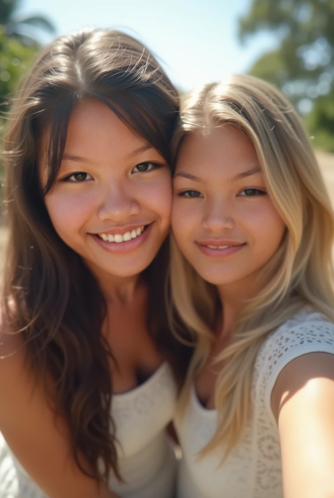 1 young beautiful Thai woman, blond hair, bodybuilder physique, surfboard ((full body selfie, happy)), masterpiece, best quality, ultra-detailed, solo, outdoors, ocean, beach, nature, cheerful, happy, (look at away:1.2) (skin texture) (film grain:1.3), (warm hue, warm tone)
