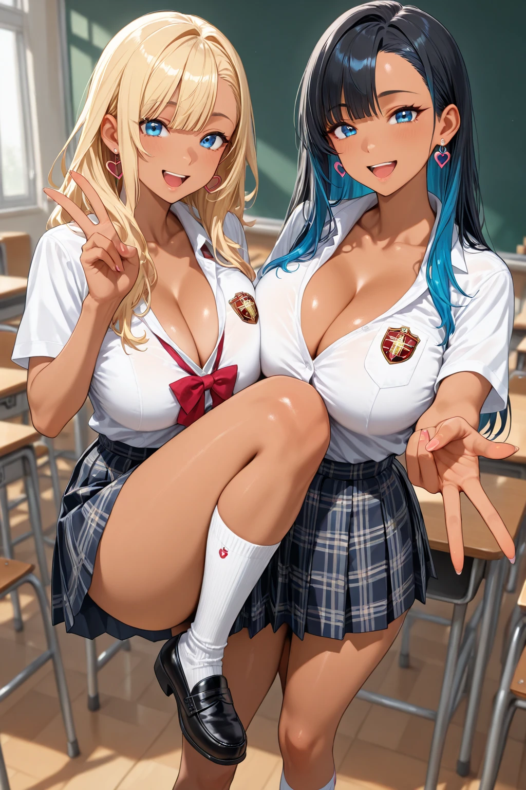 nswf:1.3,(masterpiece: 1.2, highest quality, masterpiece, Clearer images), (Bright colors), ((Take clear photos even from a distance)), (multiple girls), (Harem), (School classmates), (((All school uniforms have the same design))), (((Everyone is wearing the same navy blue skirt))), ((18-year-old)), ((prostitution婦)), (prostitution宿), (cute Japanese((6 girls))), (((girl&#39;s face))), ((group shot)), (group selfie), ((ass visible through thighs))、 (Full body diagram from head to toe), front, frontやや下からの構図, symmetry, 18-year-old背の高い女の子, alone, (whole body from head to toe),wide angle, soft light, ((((laugh with your mouth wide open)))), (slightly larger breasts), ((prostitution)), (lure), ((viewers love it)), (((A lot of hearts are flying))), Landscape、((((open legs:1.5)))、((female masturbation:1.8))、((breast grab:1.3)),(((bra lift:1.4)))、(((show bra:1.5)))、(skirt lift:1.3) 、one eye closed、stick out one&#39;s crotch、((youth))、((((Knee-length white loose socks))))、(((classroom)))、(((sitting on the desk)))
