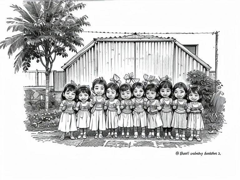 Broken [green: white: 0.5] theme, ((gradient background: 1.1)), 1 group of children in line, ((smile)), black hair, white top, blue sneakers, panorama, very detailed, best quality, 4k, movie light effects
