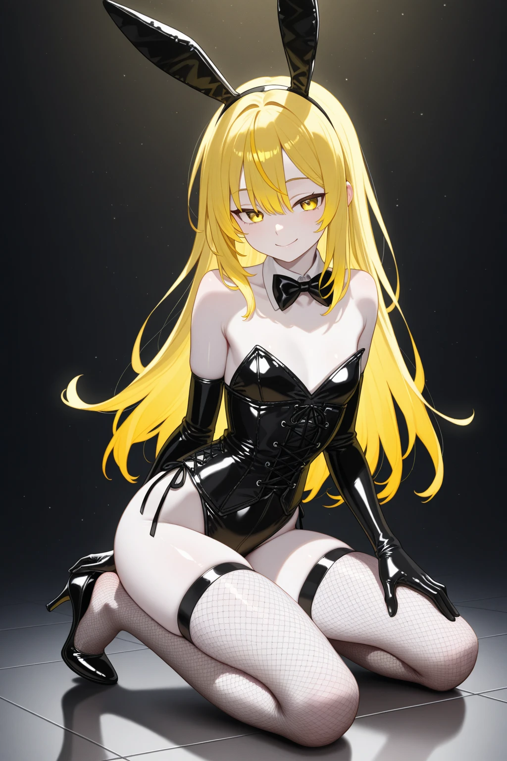 misakishokuhou, Misaki Shokuhou, Blonde, Hair between the eyes, Long Hair, (Symbol-shaped pupil:1.5), + +, (Yellow Eyes:1.5), Big Breasts, happy smile, smile, Open your mouth,smile,blush,Bunny girl:1.5),(Black Playboy Bunny:1.0),Fishnet tights,yellow stiletto heels,Sexy pose,From below, concentrated, Beyond the Particles of Light, Love hotel bedroom,On the bed,whole bodyがイラストに入るように,
break indoor, 寝室
break looking at viewer,whole body,
break (masterpiece:1.2), highest quality, High resolution, unity 8k wallpaper, (figure:0.8), (Beautiful fine details:1.6), Highly detailed face, Perfect lighting, Highly detailed CG, (Perfect hands, Perfect Anatomy),
