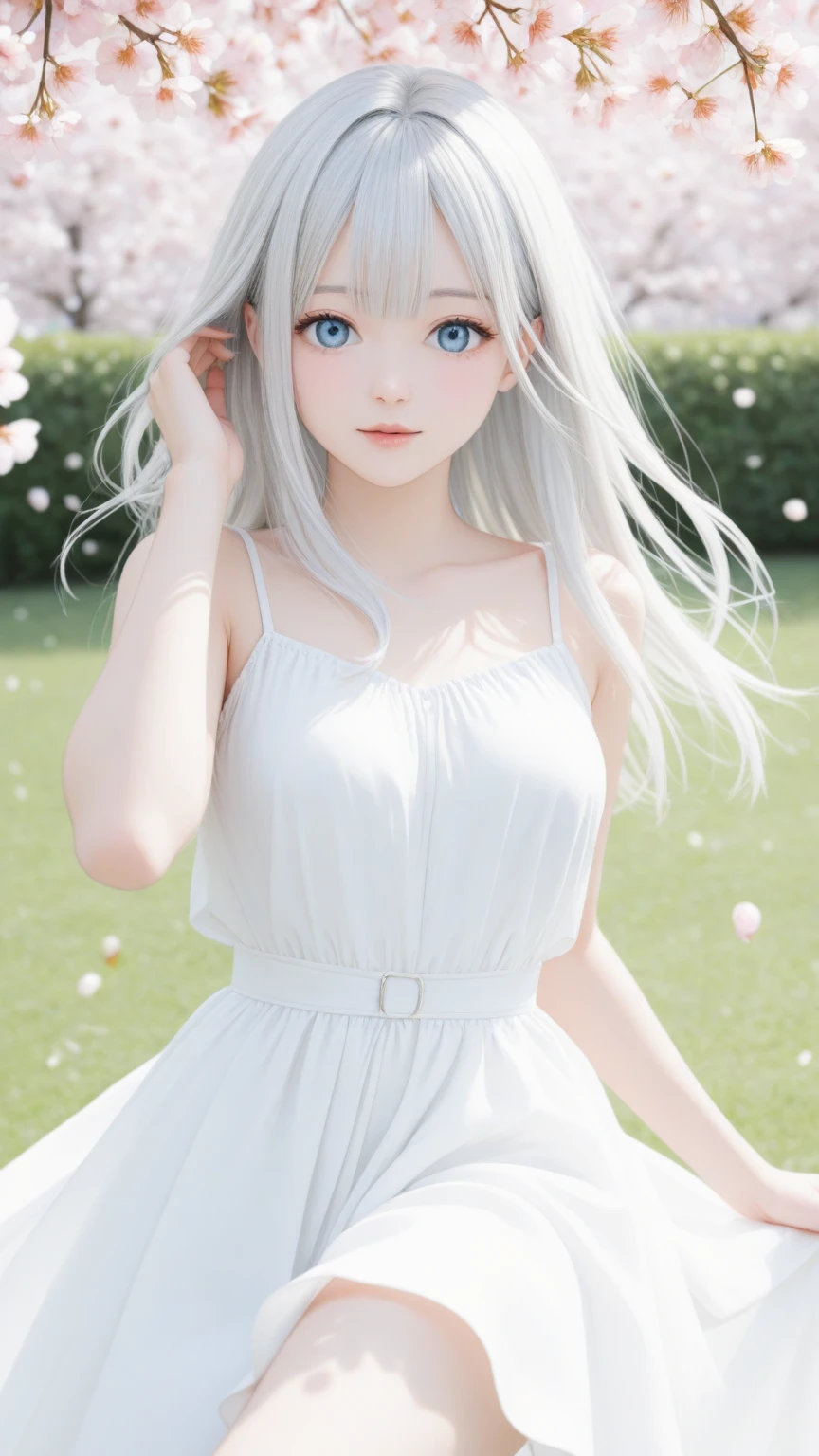 (masterpiece, Highest quality:1.2), One girl, alone,bony body、15 years old、Shiny platinum blonde silk super long straight hair, beautiful shiny bangs, big clear sky blue eyes, very beautiful bright eye highlights