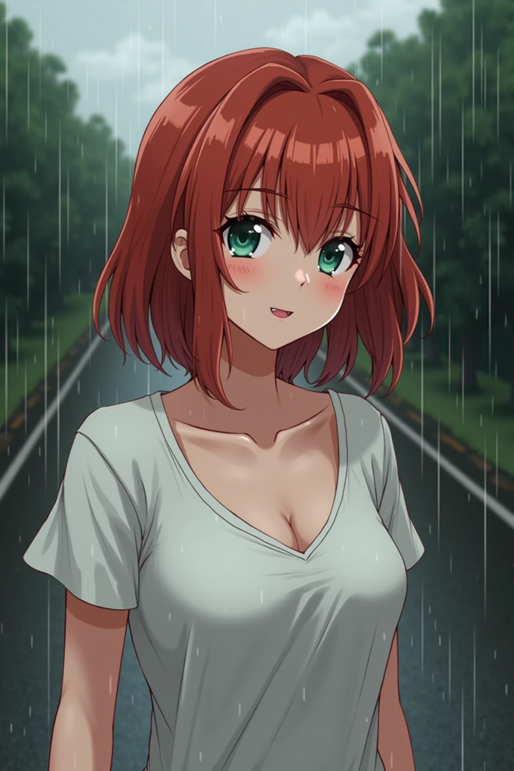 score_9, score_8_up, score_7_up,expressive eyes,1 girl, bob cut,blunt bangs,white and red hair,orange eye, swirly eyes,necklace,two side up,red shirt, loose shirt, denim shorts,in park, closed mouth, :t, pout, mad ,thunderstorm,wet