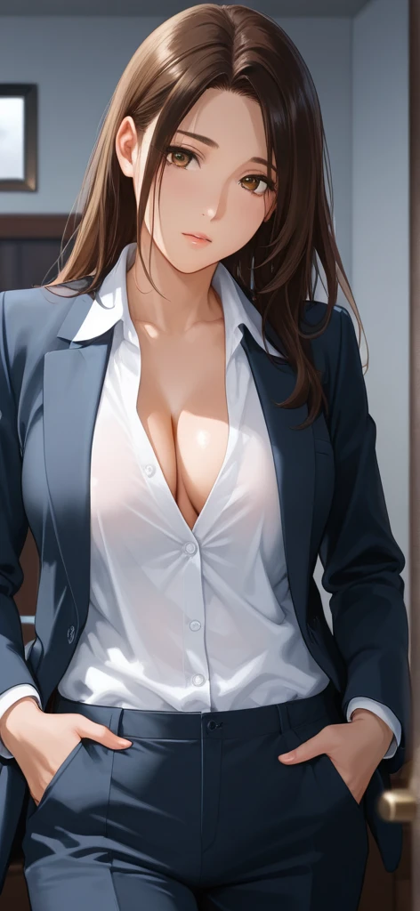 (highest quality:1.2, Very detailed, Latest, Vibrant, Ultra-high resolution, High Contrast, masterpiece:1.2, highest quality, Best aesthetics), Beautiful female teacher, sexy, business suit, No tie, Tight Skirt, Beautiful thighs revealed, Best Body Line, Beautiful detailed eyes, A professional and confident smile, Detailed facial features, Elegant hairstyle, textbook, Whiteboard with equations, Inspirational quotes on the wall, A neat and tidy desk, A loving bond, Adorable,