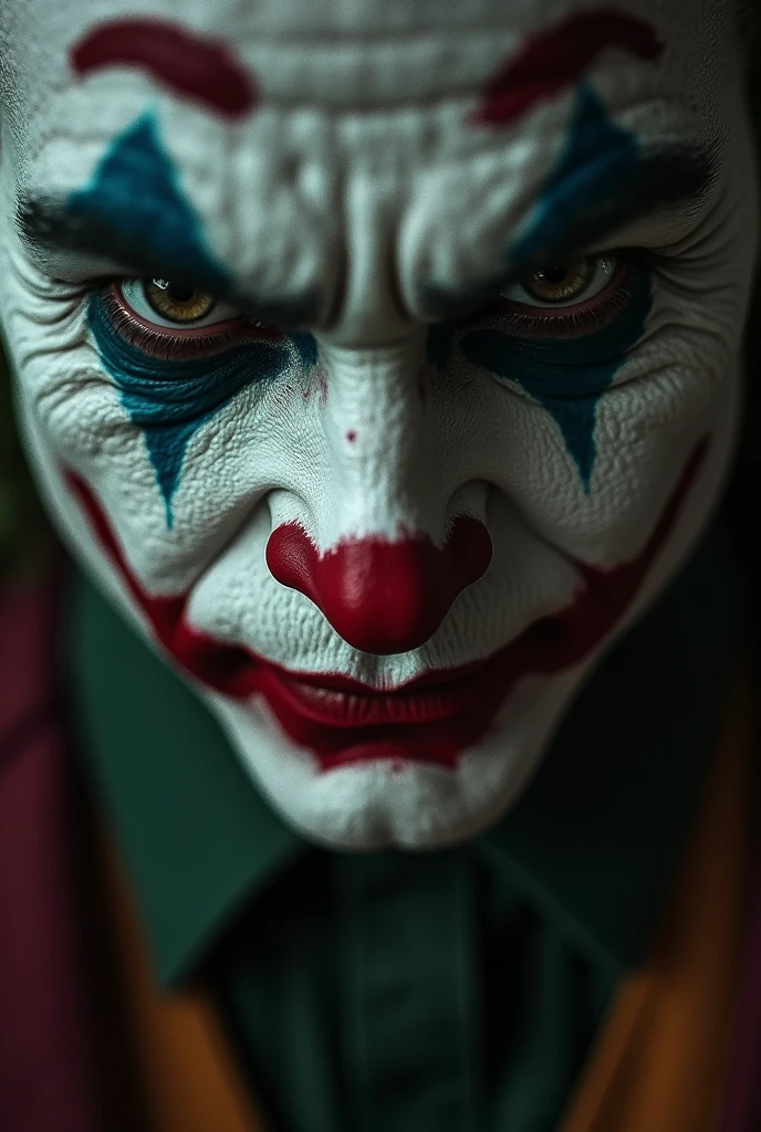 The Joker's face on a black background with the facial features of actor Heath Ledger, focusing on his intense gaze with piercing brown eyes, prominent cheekbones and a pale, thin complexion, with a slight smile on his lips, as if planning his In the next movement, the overall mood is dark and ominous, with subtle touches of gradient shadows on the face, enhancing the ominous atmosphere.
