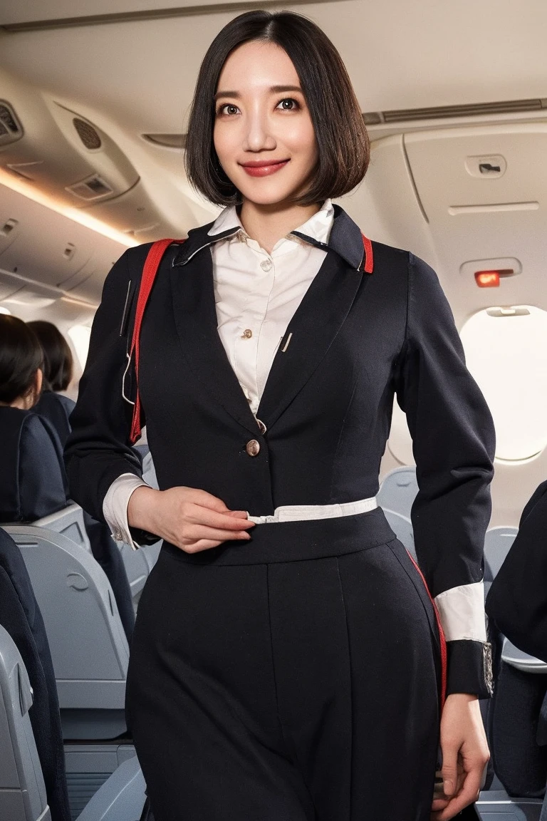 1beautiful womanl, 28years、hyperdetailed face、Detailed lips、A detailed eye、double eyelid、(Black bob hair、Smiling while walking gracefully down the aisle)、(Stewardess uniform:1.2)、((beautiful tie)) ((blaclk tights stockings)) (Glamorous body)、(Colossal tits)、((short-cut hair))、（large full breasts）（big butts）（Plump body）（plump body shape）（ large full breasts）（Colossal tits）((J-Cup))、highs thighs thighs thighs, Perfect fit, Perfect image realism, Background with: (Business Class aisle on airplanes:1.2), Cowboy Shot, Meticulous background, detailed costume, Perfect litthing、Hyper-Realism、(Photorealsitic:1.4)、8K maximum resolution, (​masterpiece), ighly detailed, Professional