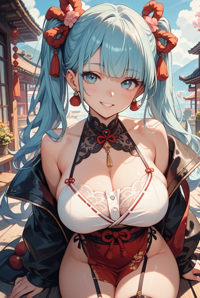 best quality,masterpiece, an extremely delicate and beautiful, CG,extremely detailed ,highres, extremely detailed,depth of field, 1girl,beautiful detailed girl,blue_hair, long_hair, beautiful detailed red eyes,(makeup:1.2),Red lips,light on face,(seductive smile:1.2),big breasts,Cleavage,(thigh),red Belly tattoo,gufeng1,indoor,(Shadow Play:1.2),Plant decorations,(cowboy shot:1.5),from outside,