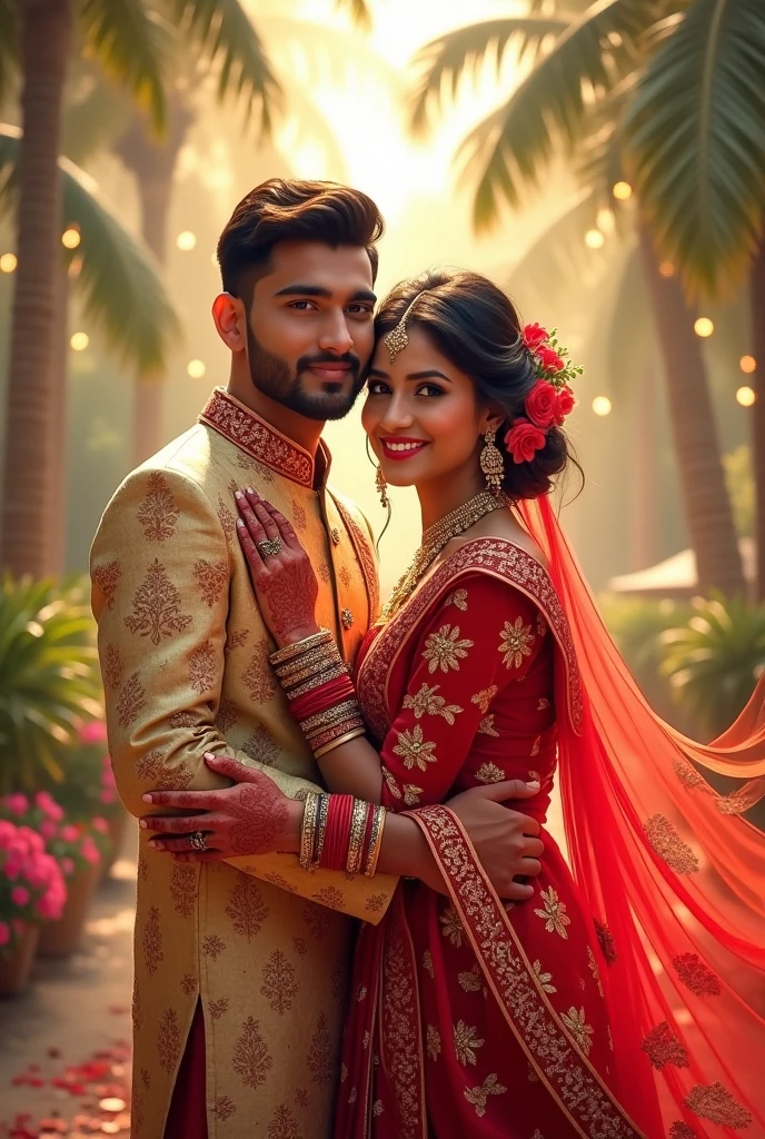 india traditional wedding , holding a bouquet of flowers, happy, smile, romantic, roses, garden, outdoors, details, Photorealistic, Hyperrealistic, Hyperdetailed, analog style, hip cocked, demure, low cut, black lace, detailed skin, matte skin, soft lighting, subsurface scattering, realistic, heavy shadow, masterpiece, best quality, ultra realistic, 8k, golden ratio, Intricate, High Detail, film photography, soft focus, bokeh,