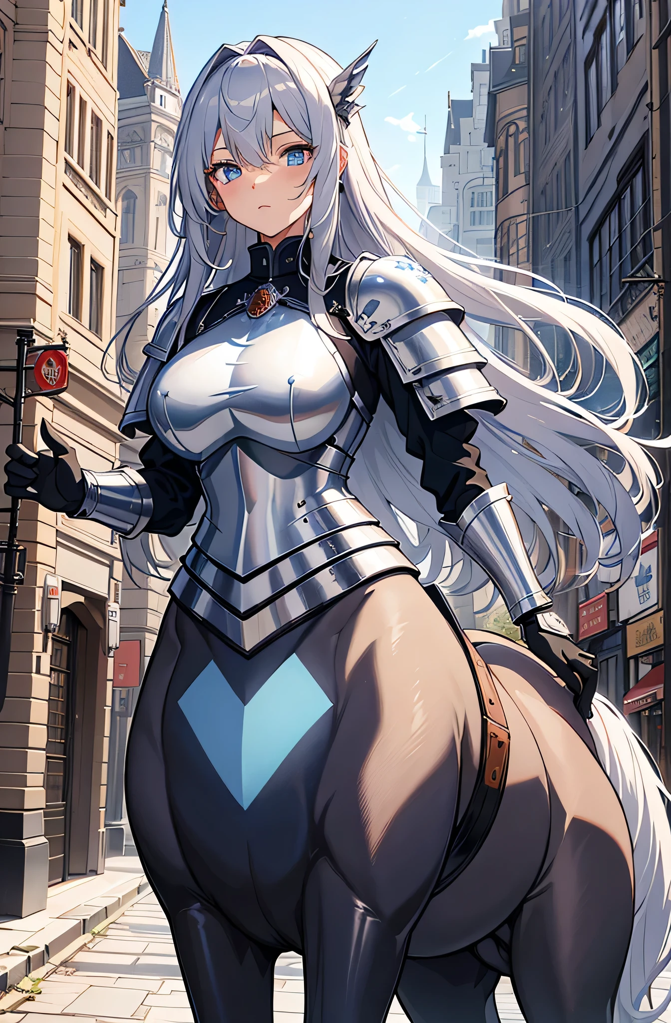 Female knight, leotard armor, long silver hair, blue eyes, smiling, walking in the crowded city, holding a weapon in hand, big bust