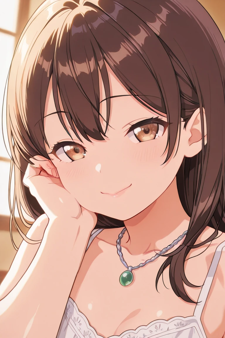 ((masterpiece)),(best quality),official art,extremely detailed CG,unity 8k wallpaper,ultra detailed,beautiful detailed eyes,extremely detailed face,1girl,solo,upper body,(portrait:1.5),looking at viewer,facing viewer,smile,standing,child,petite,shoujo ramune,sayama chie,tanlines,tan,brown hair,very long hair,x hair ornament,side swept bangs,sidelocks,yellow eyes,bare shoulders,collarbone,flat chest,one-piece tan,strap,blue shirt,polka dot shirt,yellow skirt,polka dot skirt,frilled skirt,sandals,<lora:Sayama Chie(sr)>,