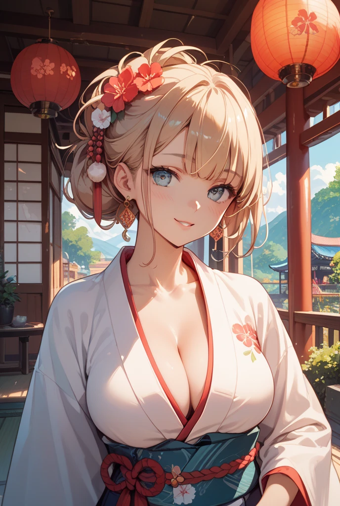 masterpiece、Soft Focus , Bright gradient watercolor、Tabletop, High resolution, 8k, Anime Women, Delicate and detailed writing 、Detailed digital illustration、high resolution, high quality、Detailed Background、Close-up photo、(((Two arms、Four fingers, One thumb)))、Detailed female face、
Highly Detailed CG Unity 8K Wallpaper, pretty girl, Mature blonde girl, Half Up,beautiful girl, Hot Maiden, Pale skin (super masterpiece, Beautiful person, well detailed face polluted smilee,   Her flat chest is hidden by her kimono、Realistic, Surreal), colorful red and pink winter kimono 、Has white fur、 wearing white gloves,Japanese style hair accessories,  (Light lighting)、smile,Upper Body 、Japanese background with pink flowers