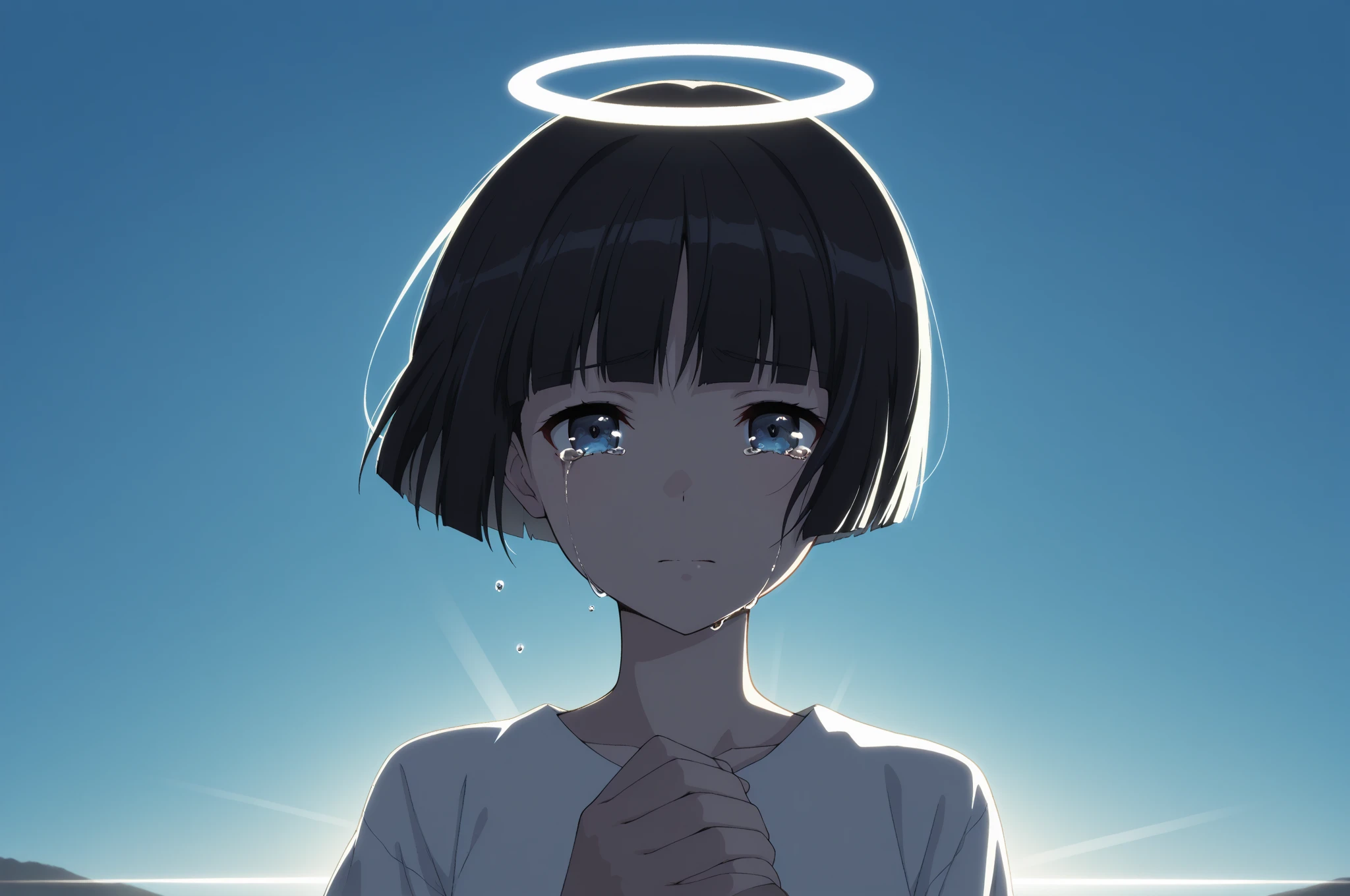 Black Hair,short hair,black eye,Angel white wings,Angel Halo,White clothes,Gender unknown,Expressionless,No breasts,Thick Coating