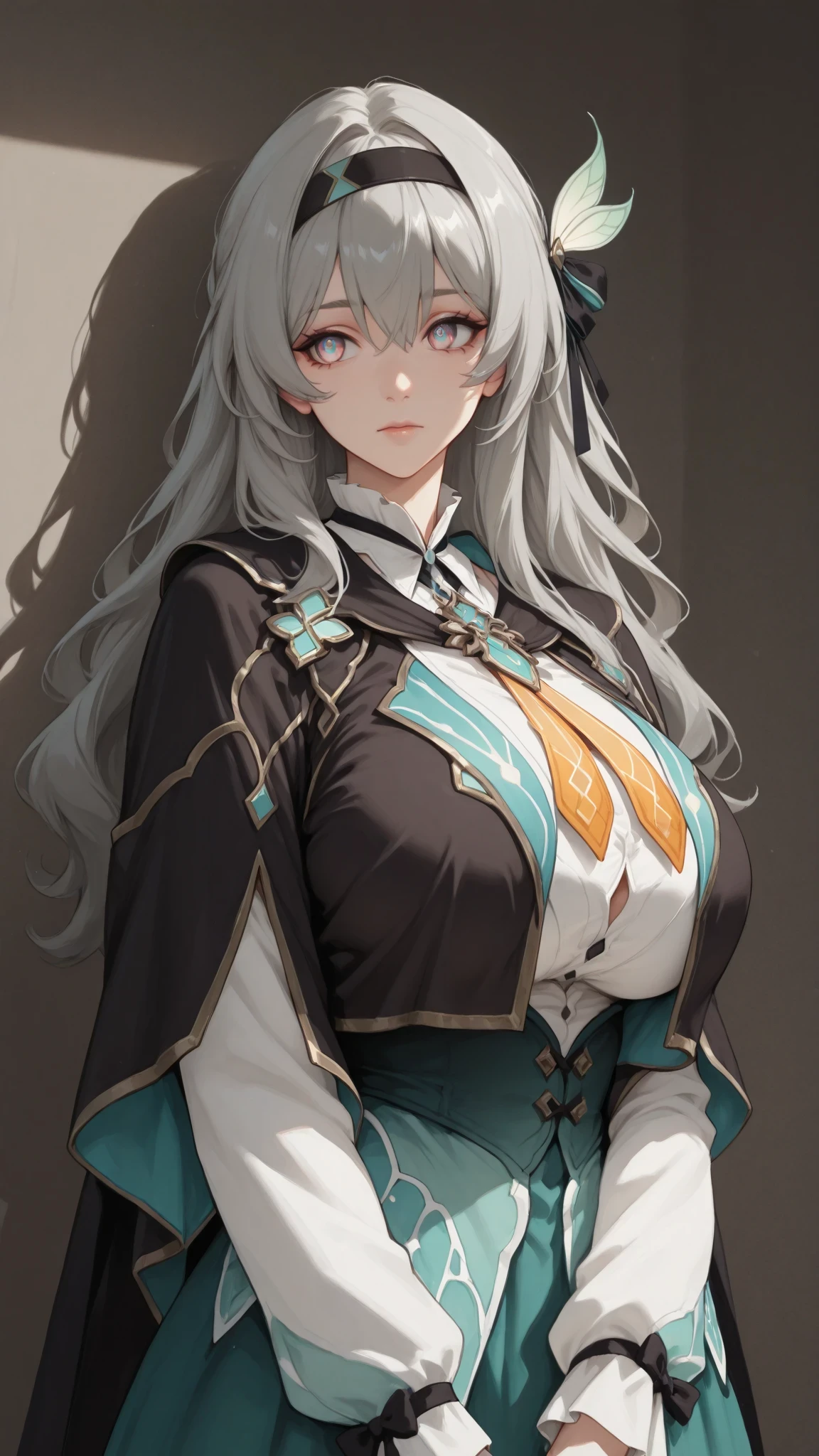 1girl，solo，close up， thick hair ，Clear facial features，beautiful girl，Japanese anime style，high quality，Master's Work，masterpiece after sex，Extreme Light and Shadow，Exquisite rendering，with super fine details，Top CG ，16K HD quality，fireflydef, jacket, dress, bow, hairband, hair ornament, grey hair
fireflycus, hairband, hair ornament, grey hair, <your custom outfit tags>
huge oppai，huge hips，(Anatomically correct)
aahotaru, long hair, grey hair, black hairband, hair ornament, hair ribbon, multicolored eyes, breasts, black cape, dress, long sleeves, green skirt