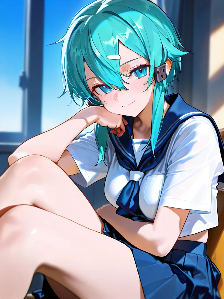 <lora:bilibili-xiaolu:0.5>, 1girl, blue hair, slender, small breasts, ((schoolgirl, face portrait)), masterpiece, high resolution, high quality, 8k, artstation, best quality, classroom, sunny, cozy
