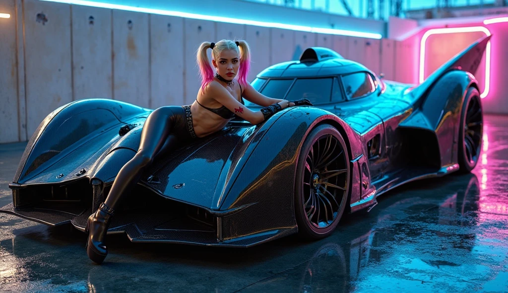 Cinematic image of Harley Quinn with colorful hair and a luxurious black designer suit on top of a gold Bugatti La Voiture Noire car on a Dubai street with buildings