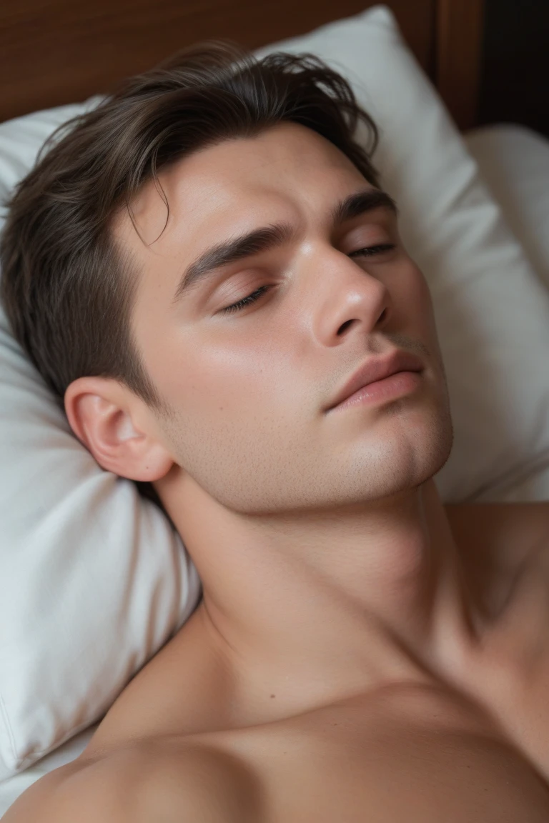 Semi-muscular man with white skin and brown hair covered only by a wet sheet with nothing underneath