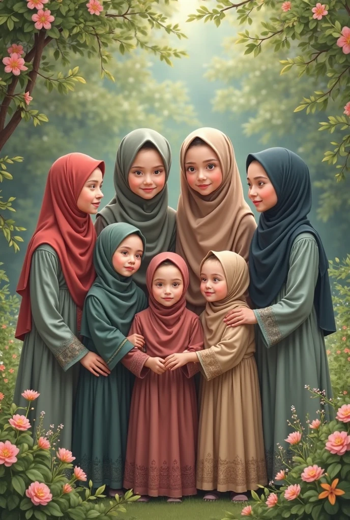 Muslim mother with her three daughters and one son