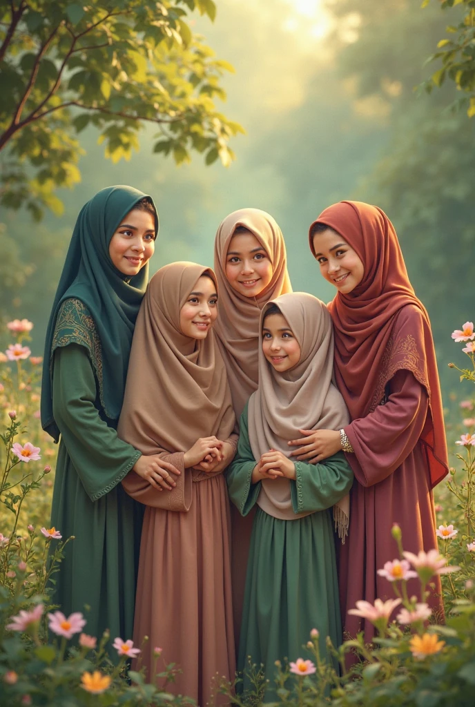 Portrait of 2 Persian girls each,age 20,17,17,and 9 year old Muslim woman wearing a hijab wearing modest Muslim clothes in pink with a floral motif,was in the plantation nan,surrounded by a beautiful flower garden,and the sun shines on them,who is Selvi, facing the camera