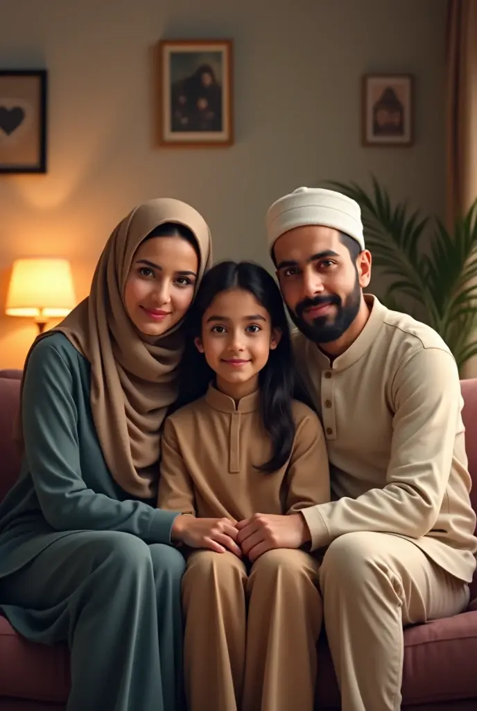 Muslim husband and wife with two cute little children. A girl long hair four years old and two years old little brother sitting and laughing happily 