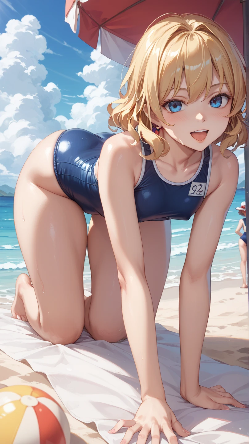 (masterpiece, best quality:1.2), 1girl, MococoAbyssgard, one piece swimsuit, wedgie, beach, blush, cute, sunset, shadow, from behind, <lora:MococoAbyssgard:0.9>