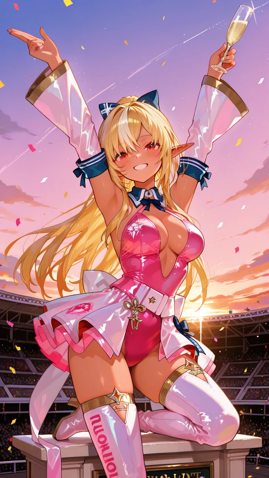 Beautiful beauty、激しいCheer Dance、Cheerleader、、elegant、Beautiful eyes、 Blonde Elf、sexy、Sweat、A friendly smile、Fantastic Light、Rembrandt　Light Magical Gentle Light 、starrynight,Full body stockings underwear、translate bodystocking,Big Breasts、Bust 100、detailed groin、thigh body stocking、Raise both arms and hold pompoms(Cheer Dance)、Raise one leg high 1.5、I can see her panties、Jump、blue sky、、Fluttering petals、ART、UHD、highest quality、masterpiece、nsfw