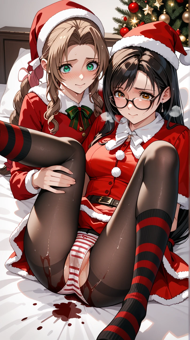 black hair girl, slim, bob cut, forehead, red lipstick, green santa outfit, green hat, long sleeves, brown belt, striped red and white thighhighs, black elf-shoes, kneeling, side view, blowjob, room, shota-boy 3d, skinny, crackows