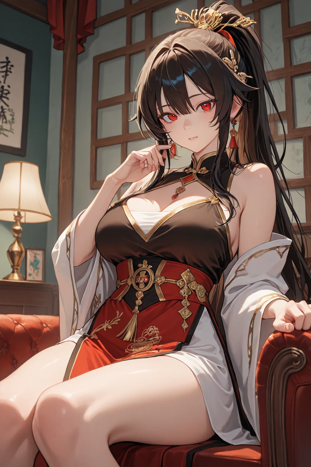 Brunette beauty with huge breasts,Hairpin,Chinese imperial concubine clothing,thigh,black stockings,Chair,Chinese Palace,