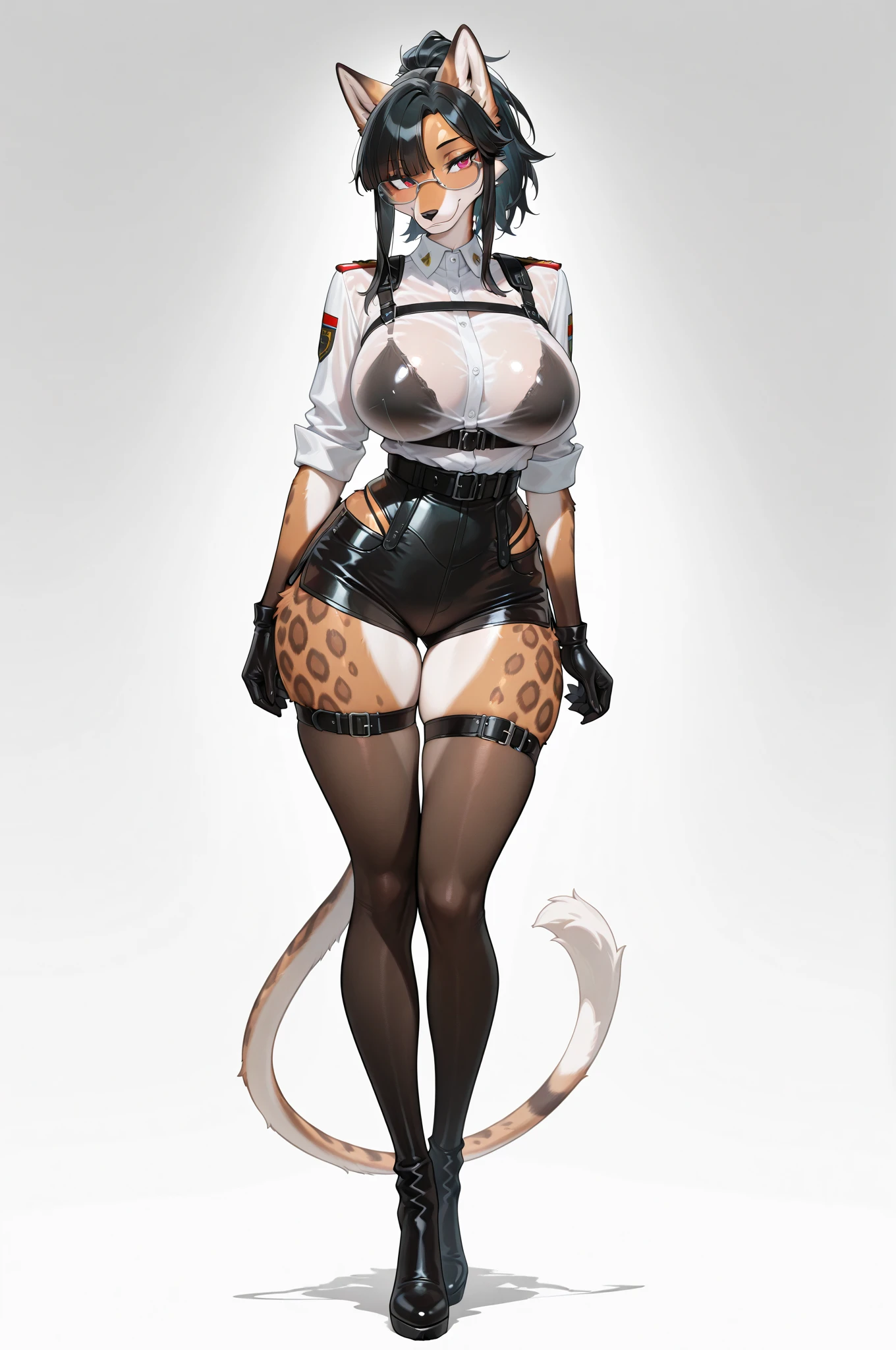 syamumerurusa, blue eyes, animal ears, cat ears, dark skin, dark-skinned female, sunglasses, eyewear on head, gloves, white hair, long hair, breasts, tail, shorts, thighhighs, elbow gloves, cleavage, cat tail, large breasts, navel, fishnets, bare shoulders, 1girl, solo, full body, standing, tall female, curvy, bodysuit, superhero costume, refsheet, huge breast, bodysuit,blackbodysuit, karateg gi