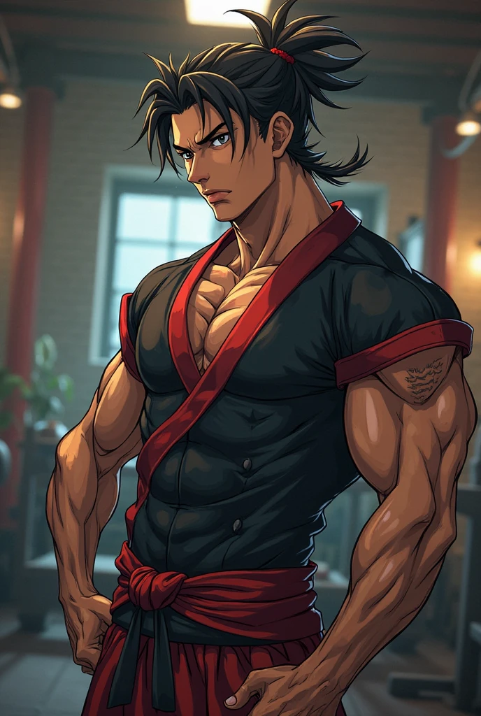 Red skinned oni boy, cargo pants, black tanktop, red skin, red and black oni horns, white messy hair, bored face