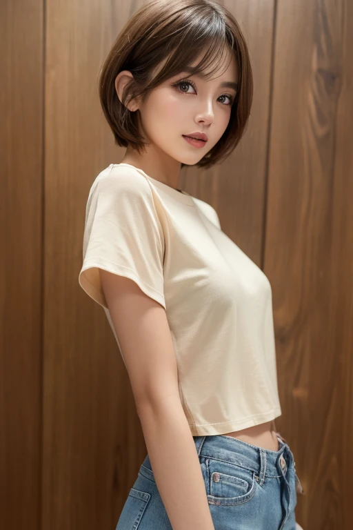 ((highest quality、Best image quality、Ultra-high resolution、Ultra-high definition drawing、alone、Look closely at the camera))、1 girl、Realistic、Written boundary depth、Natural soft light、Etiechi, constricted body, 30 years old, Beautiful and detailed, Short Bob Hair, highest quality, masterpiece, Layered Bob Hair, Moist eyes, Pixie Cut, Great pose, Brown eyes, smile, Perfect Fingers、Perfect hands、Perfect body、Perfect Face, Perfect Anatomy, Glossy lips, Natural Makeup, Small Ass, Professional Lighting, Cowboy Shot, Simple Background, Brown eyes, Bright colors, Bright room, Summer, T-Shirts, Shorts,