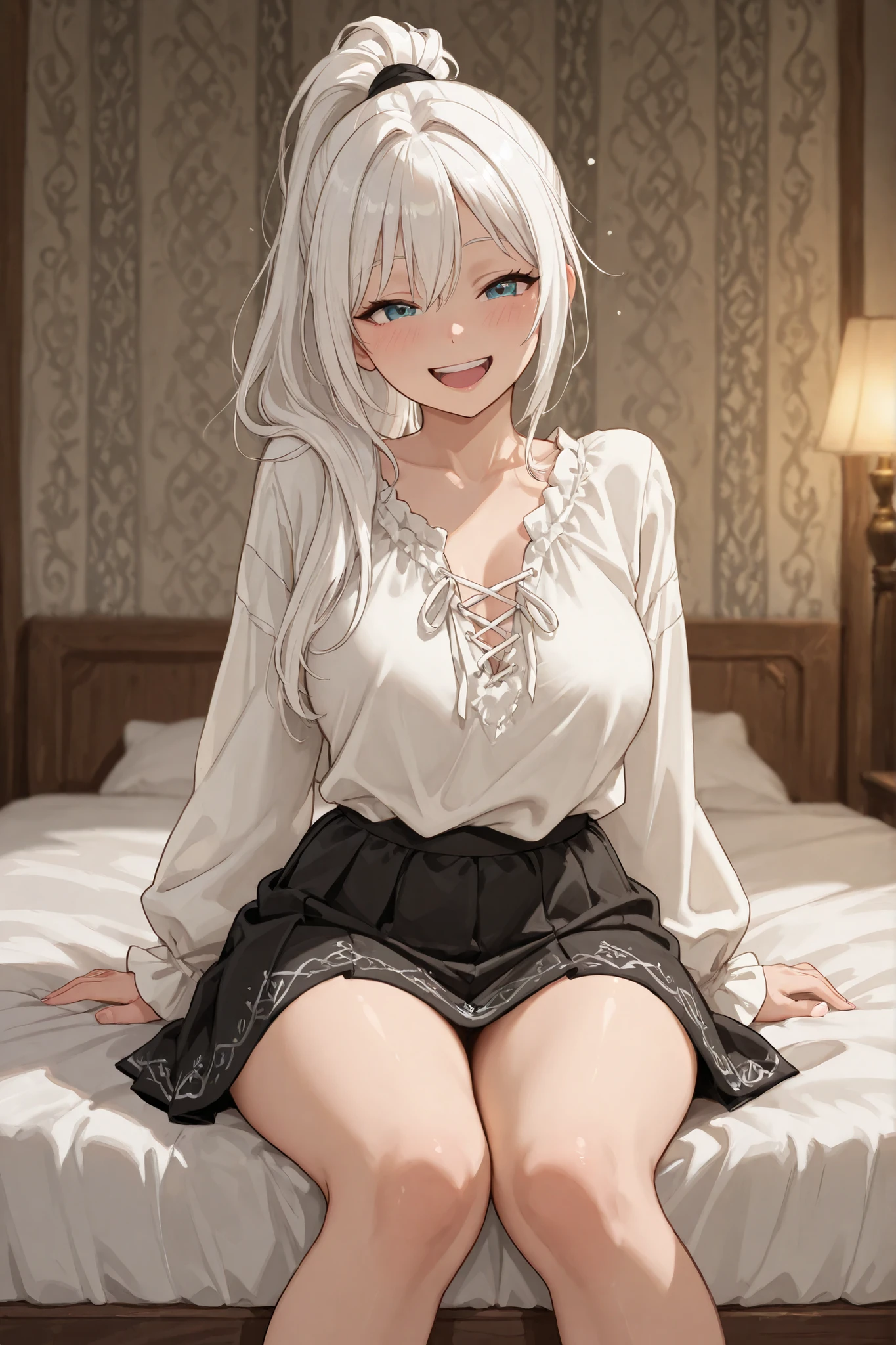 (Highest quality, High resolution, Very detailed), 1 female, Silver Hair, Long Hair, Reddish brown eyes, micro mini dress, lace thong, secretary, 24th generation, Beautiful woman, mature, quiet, Calm, Large Breasts, A small smile, sofa, sitting, spread legs,
