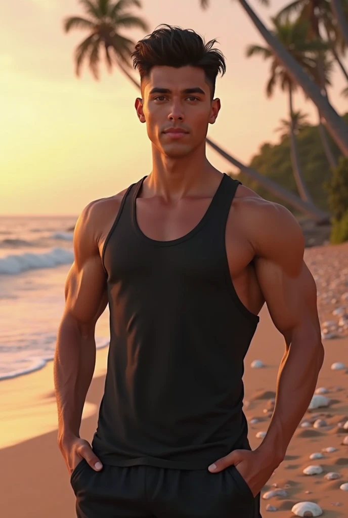Masterpiece, Best Quality, Solo, Korean Men, Beach background, bodybuilder, Muscular body, big muscle, Natural eyes, Short and delicate hair, Sexy Man, looking up at viewer, Triangle Men's Swimwear, Large protrusions, Erection, Muscular posture