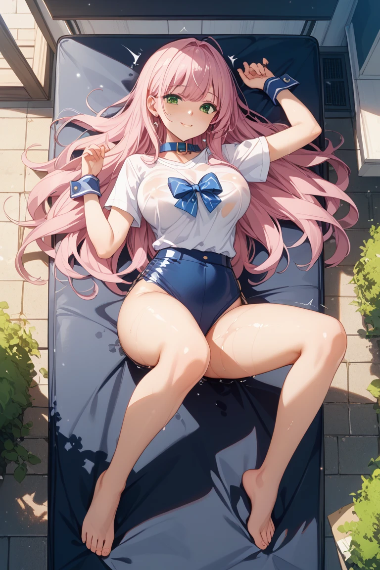 (Magazine Cover:1.7),nsfw,from below:1.3,Focus on the groin、((masterpiece, highest quality:1.3)),cowboy shot,20 year old beauty,solo,((very small head)),((long body)),pink hair,long hair,pink eyes,bangs,medium breasts,slender body,skinny,shiny skin,oily skin,sweat:1.3,shy,tears,Love juice、lying,spread legs,Blue and white striped bikini、bra、navel、panties、Large bed、villa,beach、sunny、