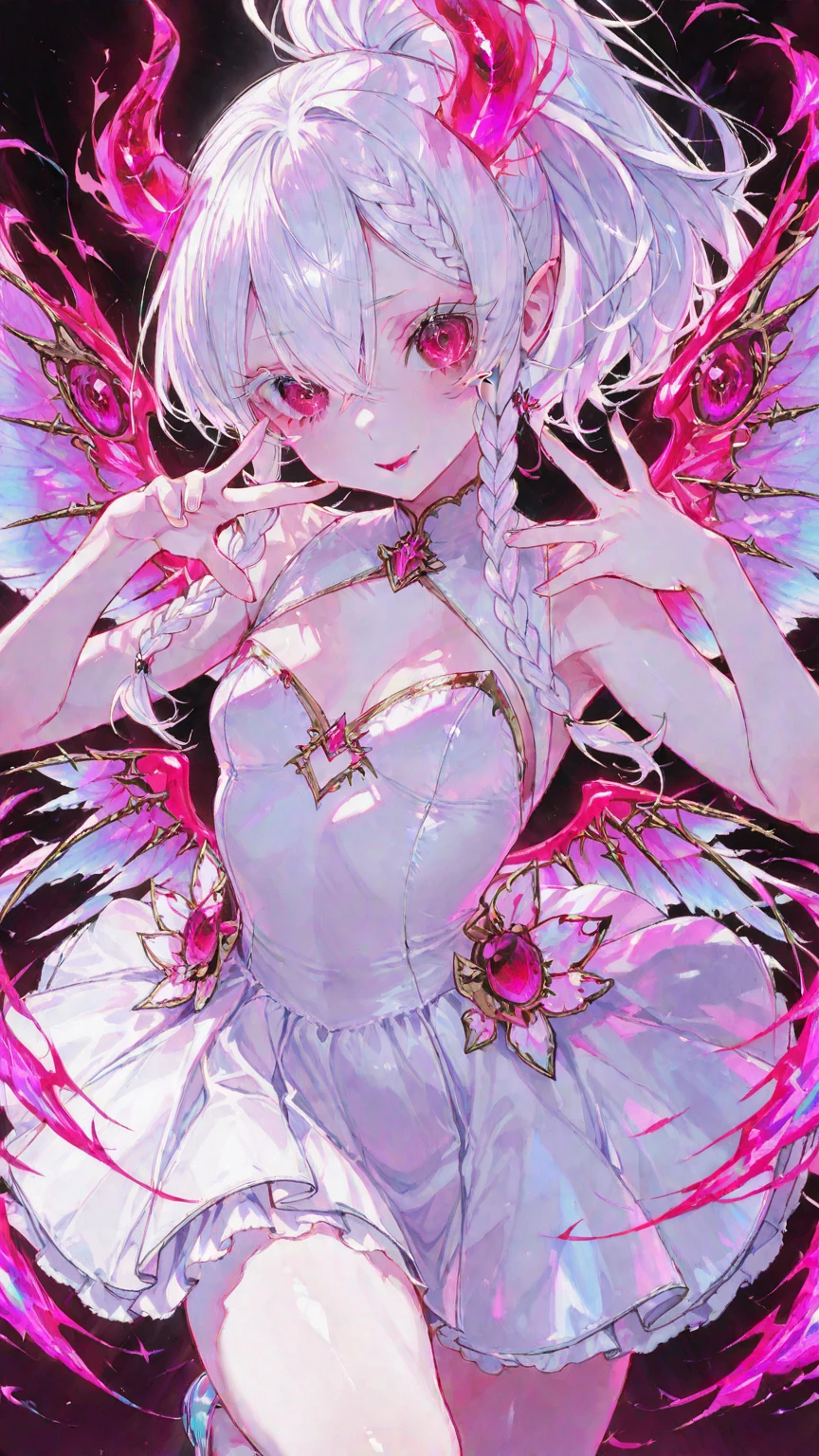 Silver hair, pink eyes, body, cat ears, woman, earrings, sparkle background, hot pink clothes, diamond hair bows, happy face, butterflies 