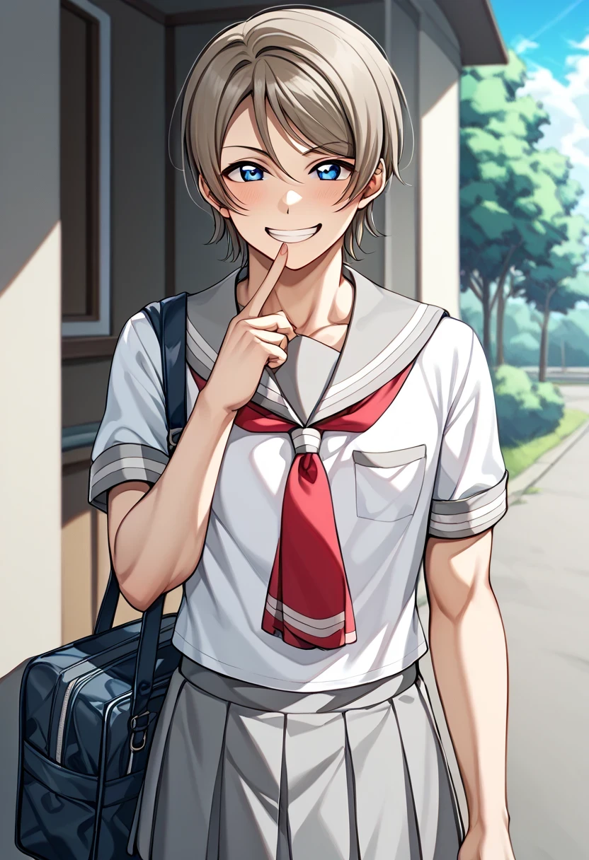 score 9 、score 8 up、score 7 up、source anime、1boy、(male:1.55)、solo、looking at viewer、smile、short hair、blue eyes、brown hair、gray hair、(manly face:1.55)、gray sailor collar、white shirt、school uniform、short sleeve、pleated skirt、outdoors、sailor outfit、gray skirt、red neckerchief、bag、グリン、木、v、(manly:1.55)、school bag、uranohoshi school uniform、you Watanabe love live、(male body:1.55)、