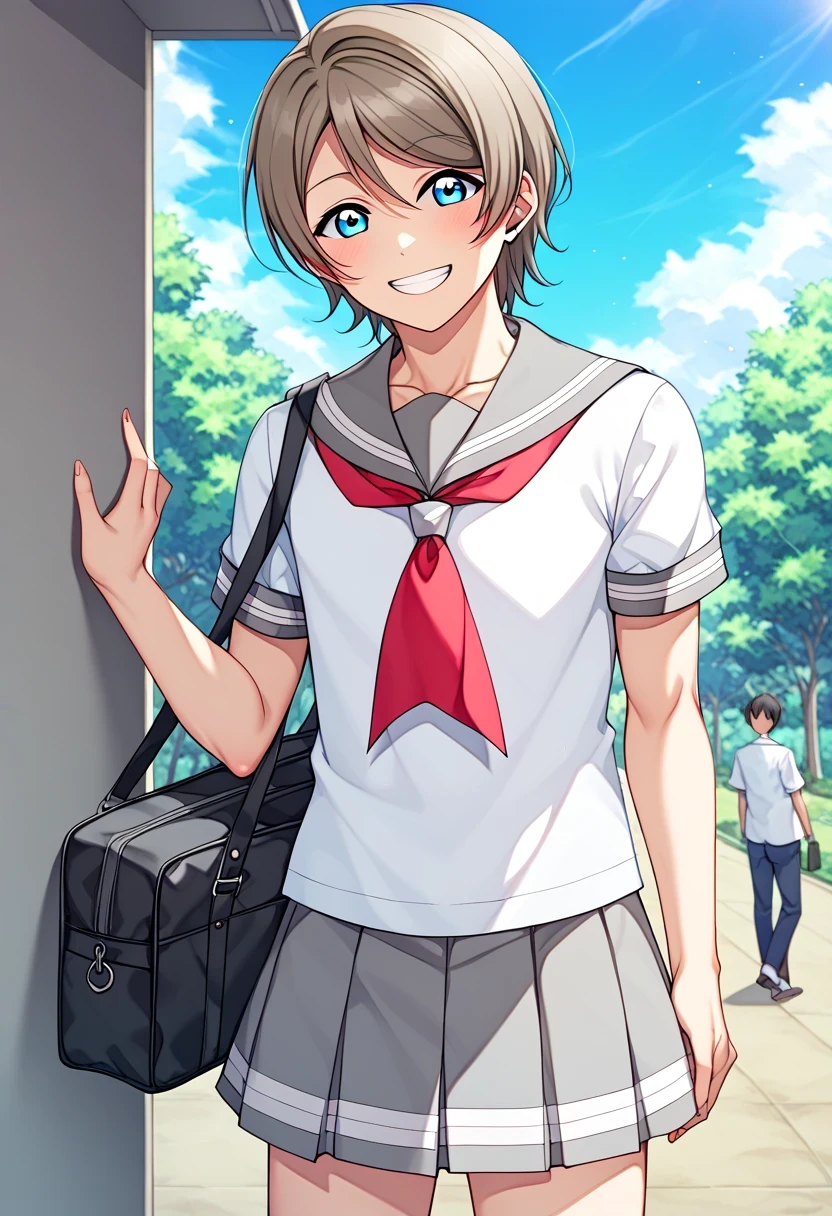 score 9 、score 8 up、score 7 up、source anime、傑作、best quality、best resolution、best image quality、anime coloring、anime screencap、anime screenshot、1boy、you watanabe is a male、(male:1.55)、solo、looking at viewer、male focus、smile、short hair、blue eyes、brown hair、gray hair、(manly face:1.55)、gray sailor collar、white shirt、school uniform、short sleeve、pleated skirt、outdoors、sailor outfit、gray skirt、red neckerchief、bag、グリン、木、v、(manly:1.55)、school bag、uranohoshi school uniform、you Watanabe love live、(male body:1.55)、