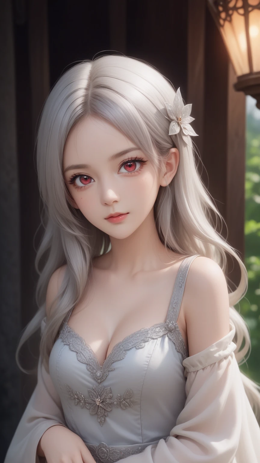 masterpiece, highest quality, very detailed, cinematic lightning, intricate details, High resolution, official art, Beautiful detailed face and eyes, High resolutionのイラスト, 8K, Depth of the bounds written, Bokeh, alone, 1 girl, girl with white hair and red eyes, long white hair, beautiful red eyes, beautiful scenery, rainy city, Upper body, looking at the viewer, close，Wide open chest，big breasts