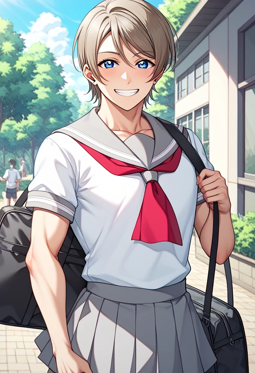 score 9 、score 8 up、score 7 up、source anime、傑作、best quality、best resolution、best image quality、anime coloring、anime screencap、anime screenshot、1boy、(male:1.55)、solo、looking at viewer、male focus、smile、short hair、blue eyes、brown hair、gray hair、(manly face:1.55)、gray sailor collar、white shirt、school uniform、short sleeve、pleated skirt、outdoors、sailor outfit、gray skirt、red neckerchief、bag、グリン、木、v、(manly:1.55)、school bag、uranohoshi school uniform、you Watanabe love live、(male body:1.55)、
